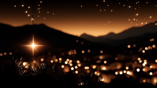 Starry night over a town, glowing cross.