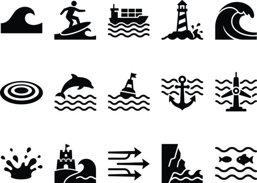 Set of flat black vector icons representing maritime and nautical sea themes