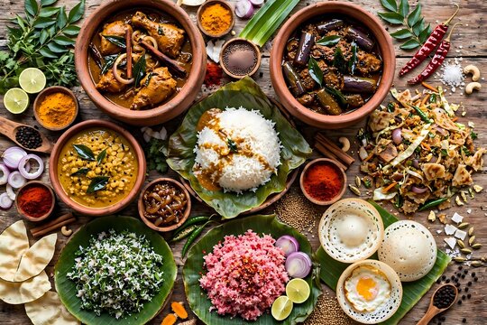 Traditional Sri Lankan Local Cuisine Flat Lay with Rice and Curry, Hoppers, Kottu and Sambol on Banana Leaves