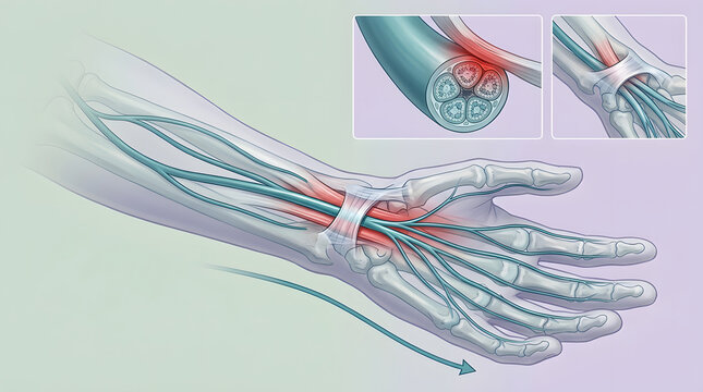 Carpal tunnel syndrome, hand anatomy and medical illustration of nerve compression at wrist. Health, surgery and orthopedic diagram with skeletal bones, pain and injury for clinical therapy research