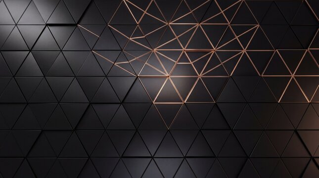 Geometric pattern of dark grey and copper triangles with illuminated abstract network lines, modern background for technology or luxury design