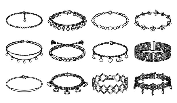 Elegant Jewelry Bracelets and Charm Anklets Outline Vector Icon Set for Fashion Accessory Portfolios and Coloring Book Pages