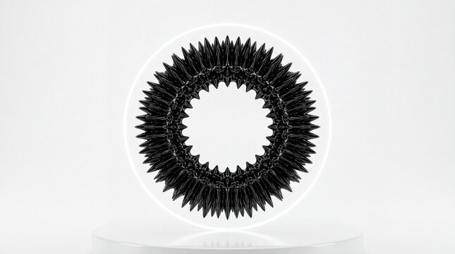 Abstract ferrofluid spikes forming a circular pattern inside a neon ring, a scientific display of magnetic fluid behavior