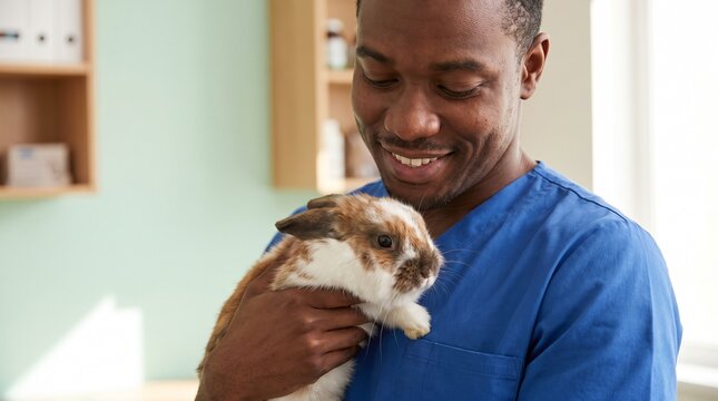 Veterinarian in blue scrubs holding a cute lop eared rabbit with brown and white fur