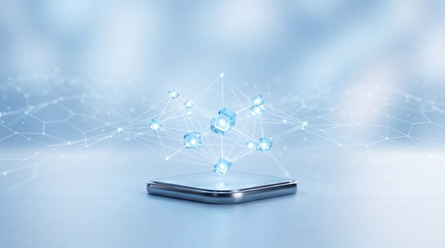 Abstract digital network of glowing cubes emerging from a futuristic processor chip, representing technology and data transfer, cool blue tones