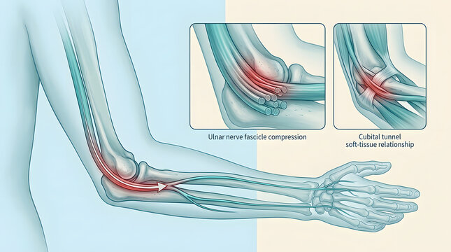 Ulnar nerve compression, cubital tunnel syndrome and elbow anatomy for medical education, healthcare and surgery. Human arm, nerve damage and ligament with diagram for clinical patient treatment.