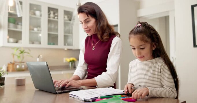 Child, coloring and mother with laptop in kitchen, remote work or learning with creative assignment. Freelancer, typing and kid with art homework, family and happy mature woman with daughter in house