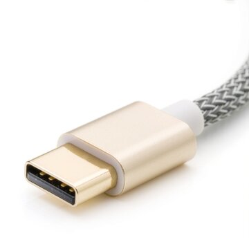 Gold USB Type C Connector with Braided Cable Close Up on White Background