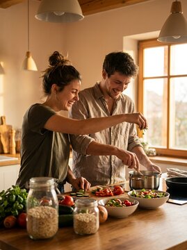 A cheerful young couple cooking together in a sunlit kitchen, woman cutting vegetables while man adds seasoning to a pot, surrounded by fresh ingredients and jars.