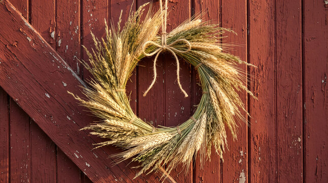 Wheat wreath with twine bow on rustic barn door