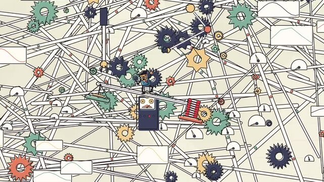 2D animation of a stressed businessman managing a complex machine of gears wires and data charts representing corporate bureaucracy and financial systems