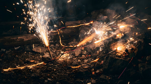 Explosive sparks and glowing fuses burning brightly in the dark night during a festive celebration