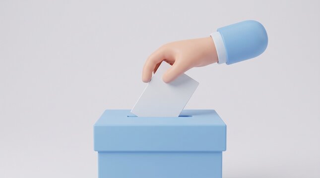 3D Voting hand drops ballot paper into blue election box on white background