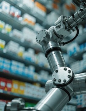 Automated robotic arm in a warehouse with shelves of products