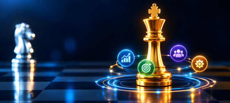 Golden King Chess Piece with Glowing Business Icons on Chessboard Concept of Strategic Leadership Decision Making and Market Dominance
