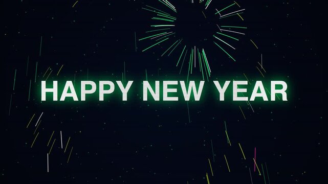 Cinematic Happy New Year cyberpunk neon animation, glitch text and fireworks