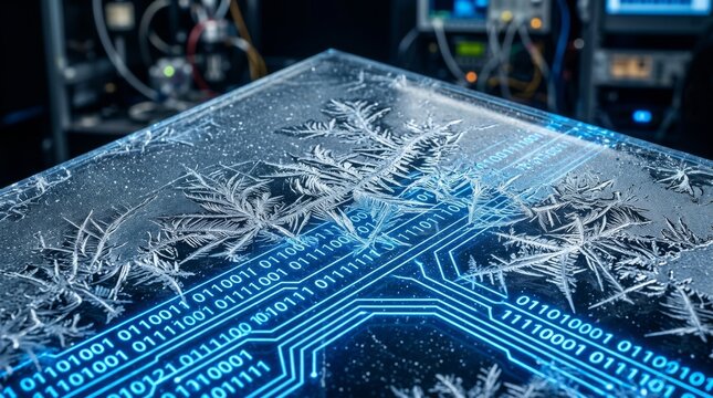 Macro shot of ice crystals and frost spreading over a glowing blue digital circuit board with binary code, representing concepts of computer freezing, cyber security, and futuristic technology.