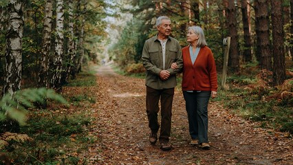 Fototapeta premium A close-up of an older couple (70s) holding hands and walking slowly on a forest path, looking relaxed