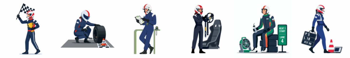 Fototapeta premium Professional Race Car Driver and Pit Crew Character Illustrations Isolated on White Background