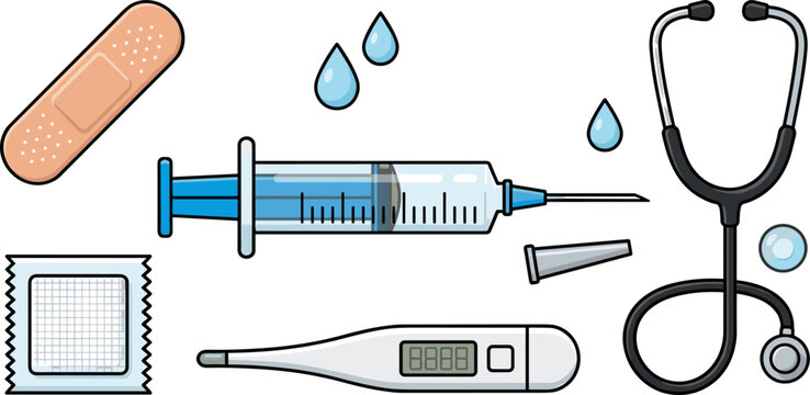 Medical Equipment Vector Icon Set Featuring Syringe Needle, Stethoscope, Digital Thermometer, Adhesive Bandage, Sterile Wipe Patch, and Medical Drops