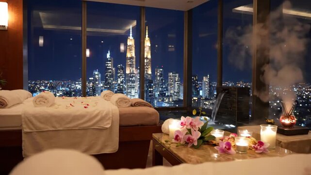 Luxurious spa room with massage tables, city skyline view at night, and romantic ambiance.