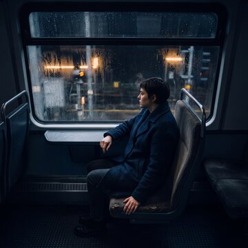 Thoughtful young woman in a warm coat sitting alone on a commuter train looking through a rain-covered window at night
