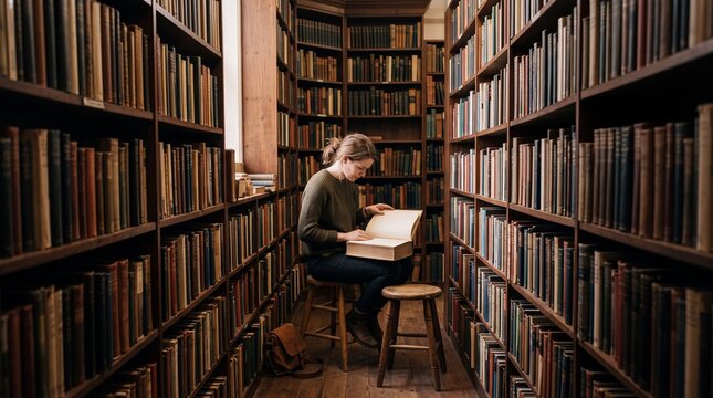 Young woman sitting on a wooden stool reading an old book in a vintage library surrounded by tall bookshelves