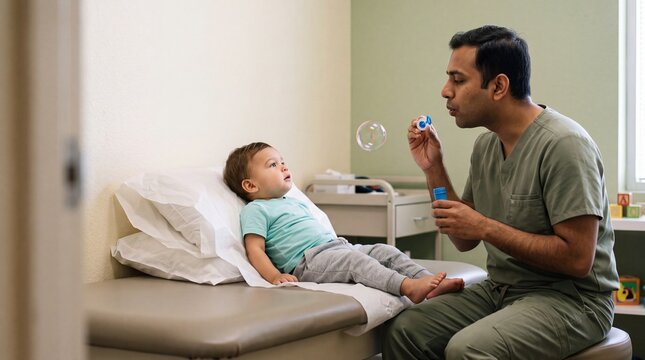 Friendly Male Pediatrician Blowing Soap Bubbles to Entertain and Calm a Baby Boy in Medical Clinic