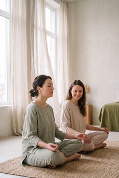 Two young women practicing meditation and mindfulness sitting in lotus position on a floor mat at home