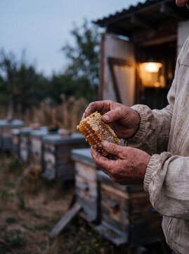 Hands of an experienced beekeeper holding a piece of fresh raw golden honeycomb outdoors in an apiary
