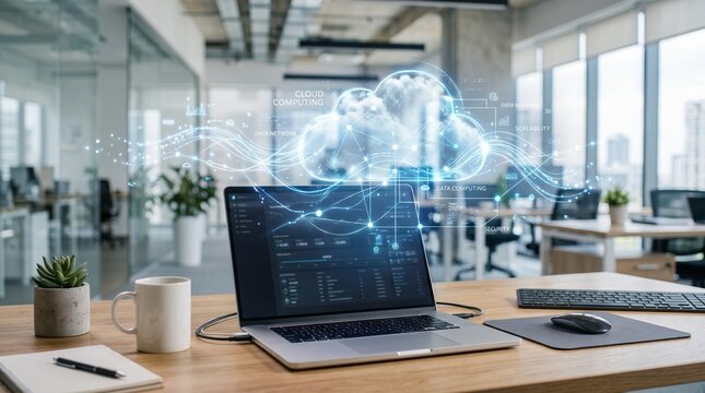 Laptop on office desk displaying digital cloud computing network visualization concept.
