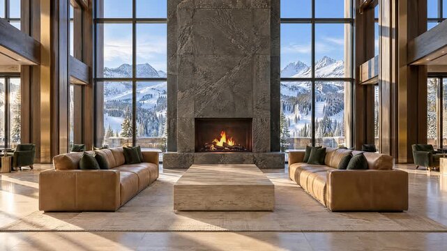 Grand luxury ski hotel lounge with granite fireplace, leather sofas and sunlit snowy slopes, seamless loop, 4K background video