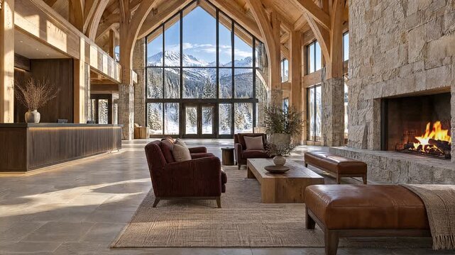 Luxury ski resort hotel lobby with timber atrium, stone fireplace and snowy mountain view in afternoon sunlight, seamless loop, 4K background video