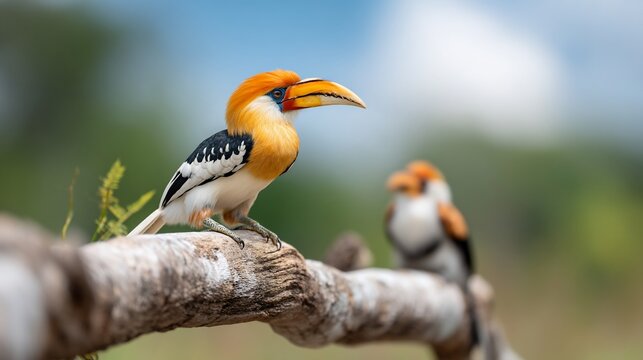 Colorful hornbill perched on a branch with another in the blurred background, vibrant feathers and sharp beak