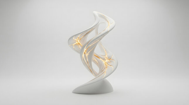 Graceful abstract sculpture showcasing a spiraling form and intricate, glowing internal pathways, presenting an innovative artistic concept of connected energy and organic flow