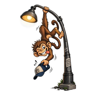 Mischievous Cartoon Monkey Hanging Upside Down from Street Lamp with Playful Expression