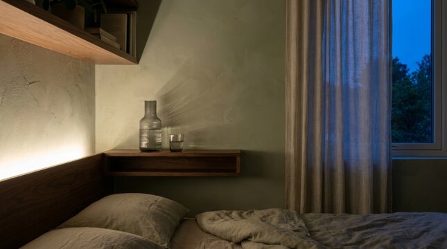 Dusk bedroom with walnut headboard floating shelf carafe and linen bedding