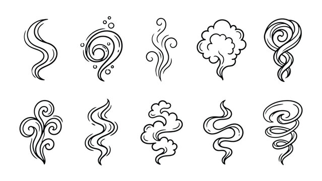 Set of handdrawn steam, smoke, aroma, or wind icons and design elements