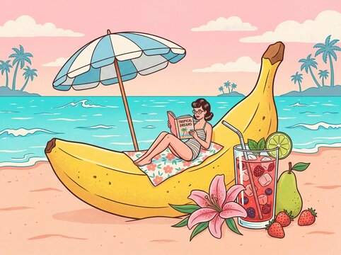 Surreal retro summer illustration, woman relaxing on giant banana lounge chair at beach, vintage tropical vacation aesthetic with fruit cocktail
