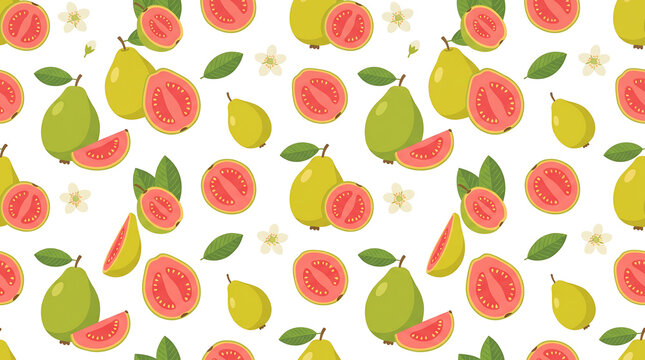 Seamless pattern of fresh green pink guavas with leaves and flowers on white background