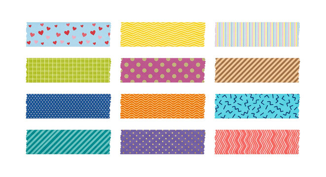 Set of decorative washi tape rolls with various patterns, isolated on transparent background