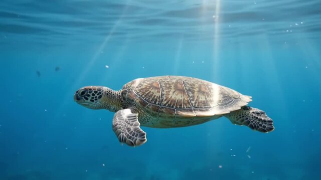Green sea turtle swimming underwater in clear blue ocean water with sunbeams filtering from above