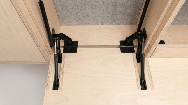 Overhead plywood lift mechanism with twin black gas struts and hinges