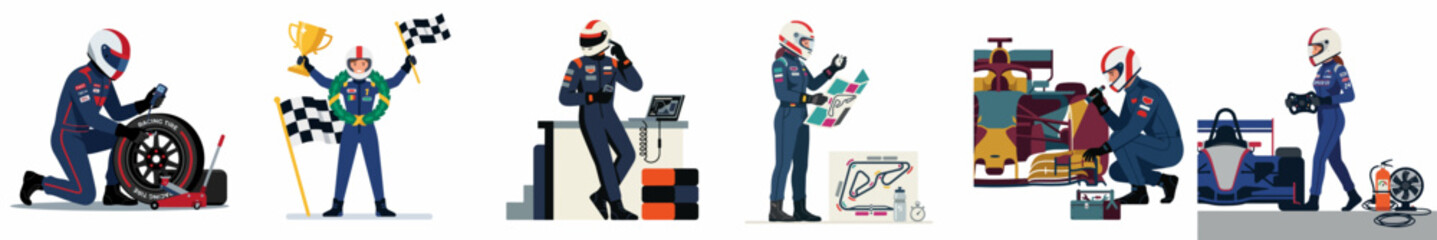 Fototapeta premium Collection of Flat Illustrations Depicting a Professional Race Car Driver During Preparation, Maintenance, Strategy Planning, and a Victory Celebration.