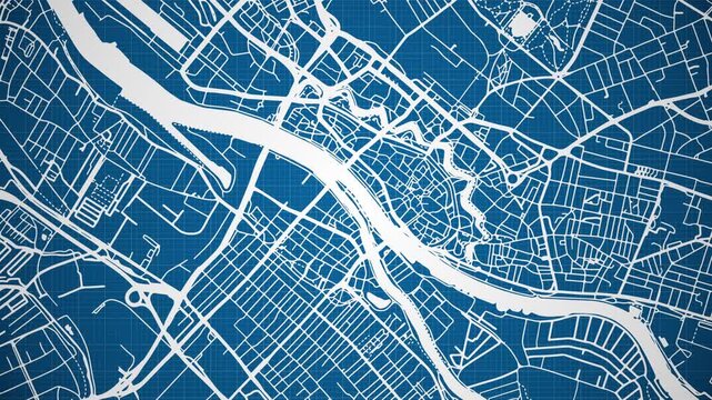 Ink reveal animation of Bremen (Breem / Br&auml;m) city, Germany, grid map. Aerial top view. Blueprint style. White lines with blue background. 4K Seamless loop.