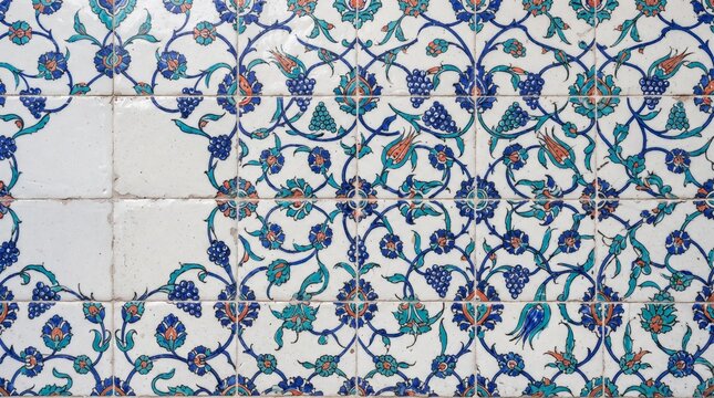 Generated with AI Iznik ceramic tilework featuring botanical lattice and floral vine pattern in cobalt blue on white