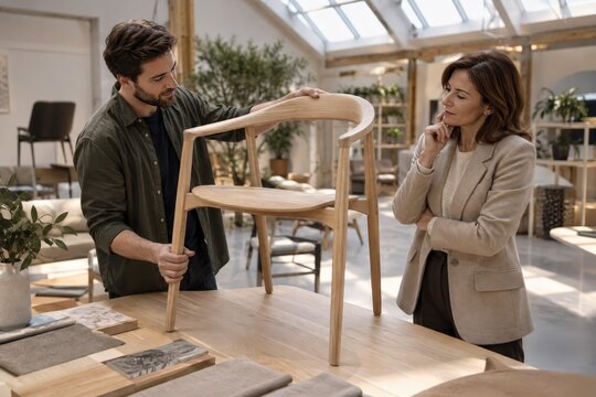 Furniture designer presenting a chair prototype