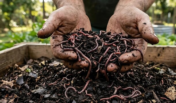 Farmer holding rich compost soil filled with earthworms and red worms for organic gardening