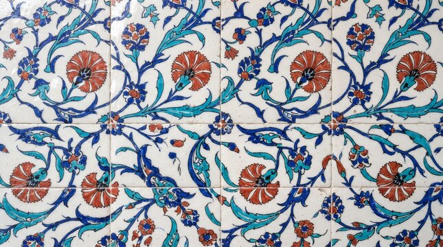Generated with AI Iznik style ceramic tile texture with orange and blue floral pattern on wall surface