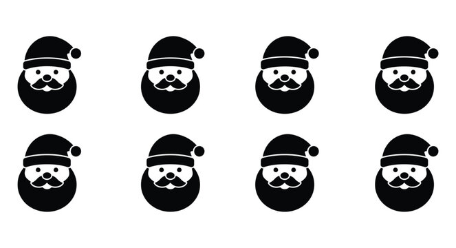 Set of black and white santa claus head icons with hat and beard in repeating pattern santa face christmas icon holiday hat bearded man christmas